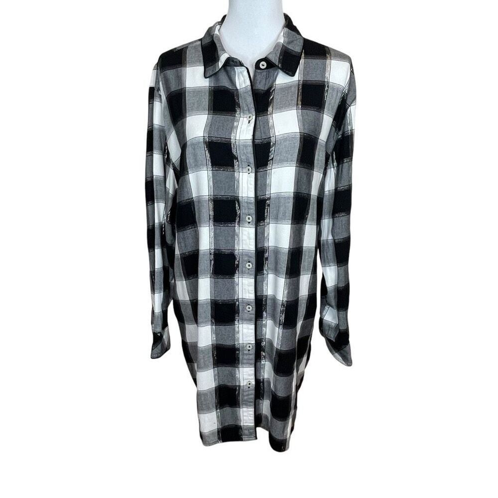 Victoria’s Secret Plaid Buffalo Check Long Sleeve Nightgown Black and White Size
